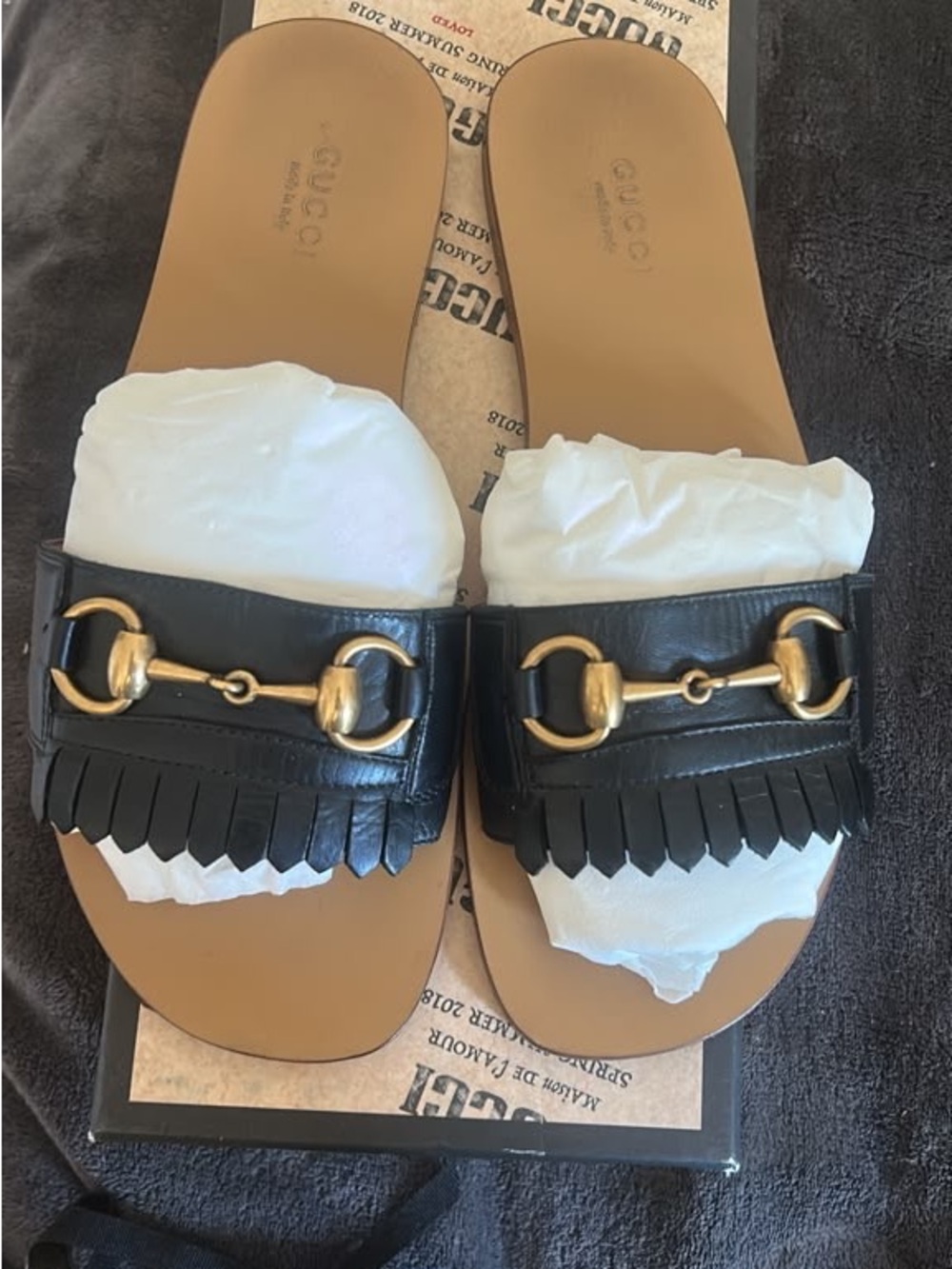 Gucci Black Leather Slides with Gold Horsebit and Fringe